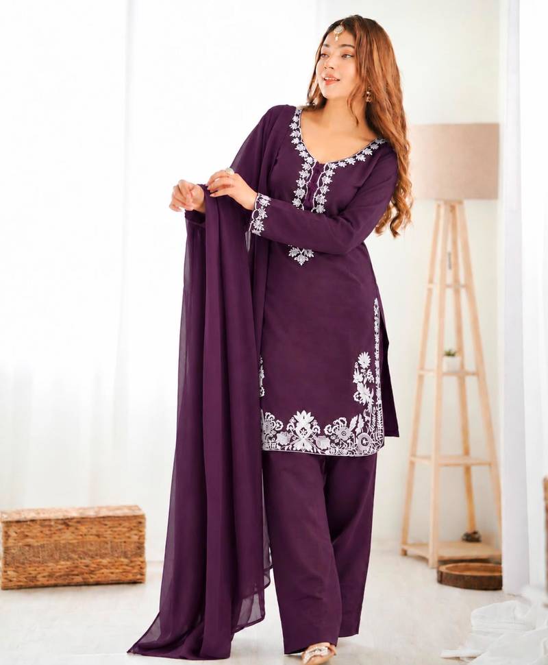 Purple silk blend embroidered farshi salwar set