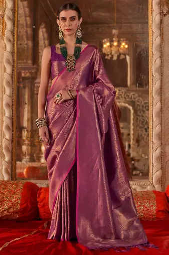 Magenta ethnic motifs silk blend designer banarasi saree