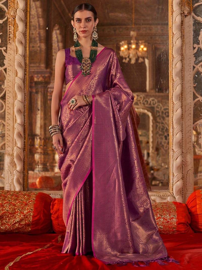Magenta ethnic motifs silk blend designer banarasi saree
