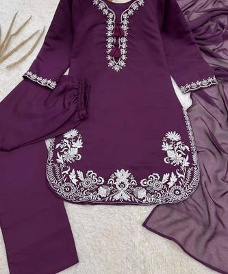 Purple silk blend embroidered farshi salwar set 2