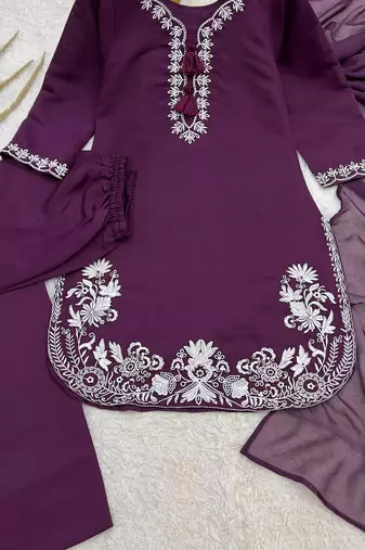 Purple silk blend embroidered farshi salwar set