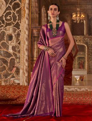 Magenta ethnic motifs silk blend designer banarasi saree 2