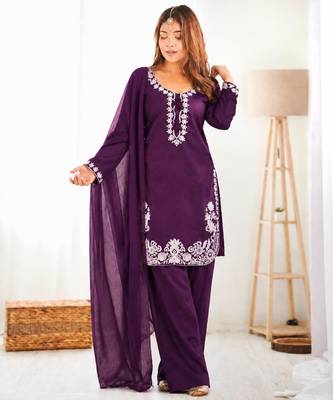 Purple silk blend embroidered farshi salwar set 3