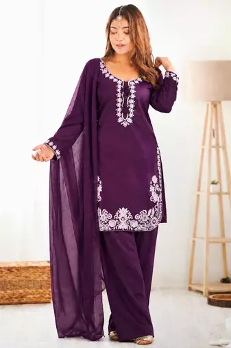 Purple silk blend embroidered farshi salwar set