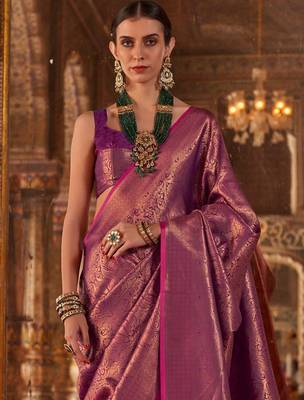 Magenta ethnic motifs silk blend designer banarasi saree 3