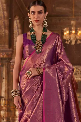 Magenta ethnic motifs silk blend designer banarasi saree