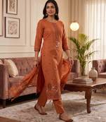 Orange muga cotton jamdani pichwai weaving salwar suit