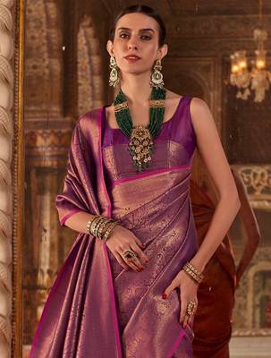 Magenta ethnic motifs silk blend designer banarasi saree 4