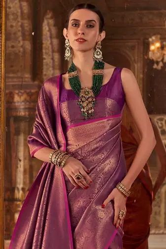 Magenta ethnic motifs silk blend designer banarasi saree