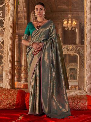 Teal floral silk blend banarasi saree 1