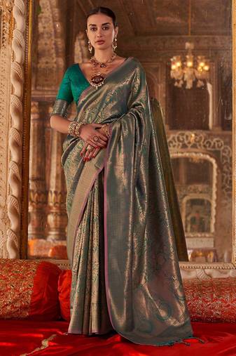 Teal floral silk blend banarasi saree
