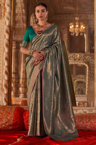 Teal floral silk blend banarasi saree