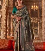 Teal floral silk blend banarasi saree