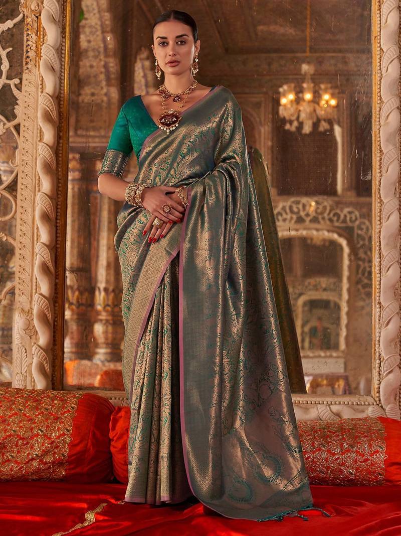 Teal floral silk blend banarasi saree