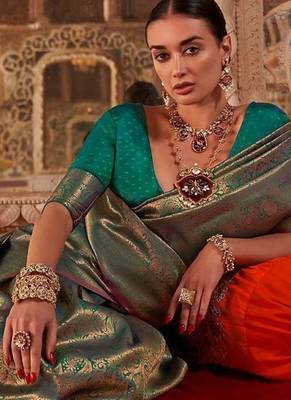 Teal floral silk blend banarasi saree 2