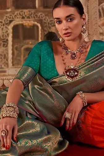 Teal floral silk blend banarasi saree