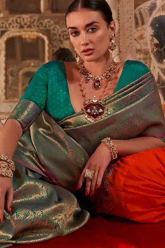 Teal floral silk blend banarasi saree