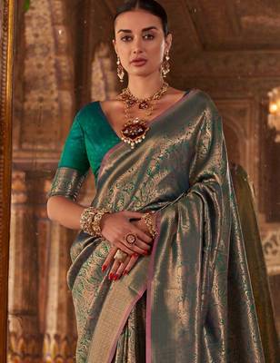 Teal floral silk blend banarasi saree 4