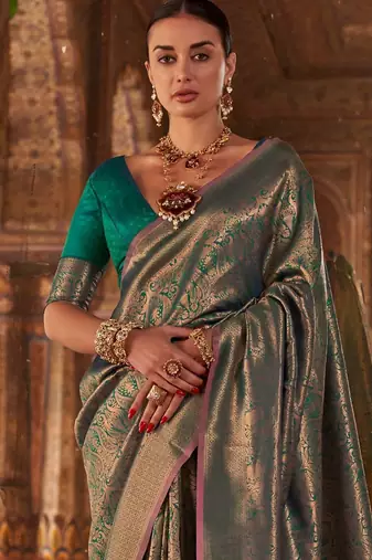 Teal floral silk blend banarasi saree