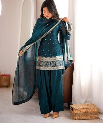 Teal silk blend sequins farshi salwar set 1