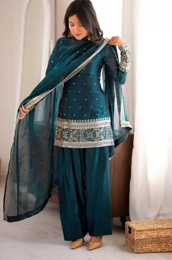 Teal silk blend sequins farshi salwar set