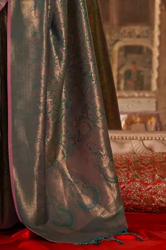 Teal floral silk blend banarasi saree