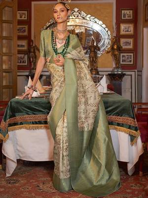 beige paisley zari kanjeevaram silk blend saree 1