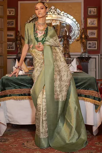 beige paisley zari kanjeevaram silk blend saree