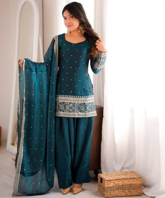 Teal silk blend sequins farshi salwar set 3
