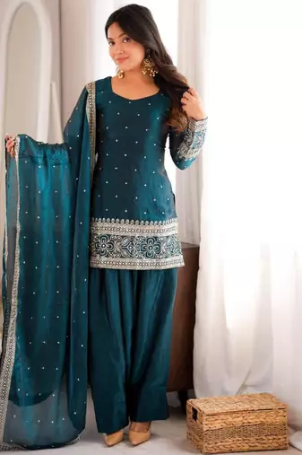 Teal silk blend sequins farshi salwar set