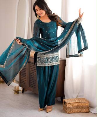 Teal silk blend sequins farshi salwar set 4