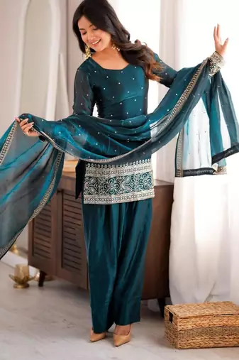 Teal silk blend sequins farshi salwar set