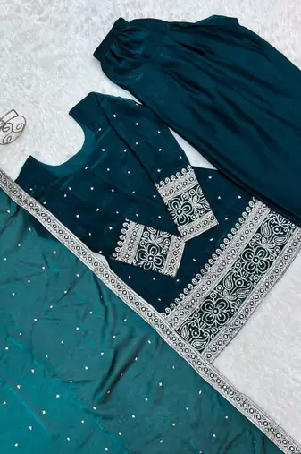 Teal silk blend sequins farshi salwar set