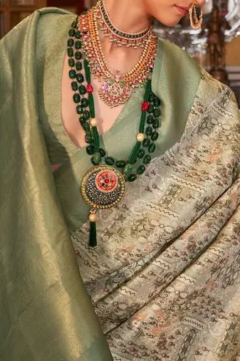 beige paisley zari kanjeevaram silk blend saree