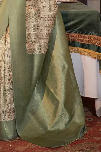 beige paisley zari kanjeevaram silk blend saree