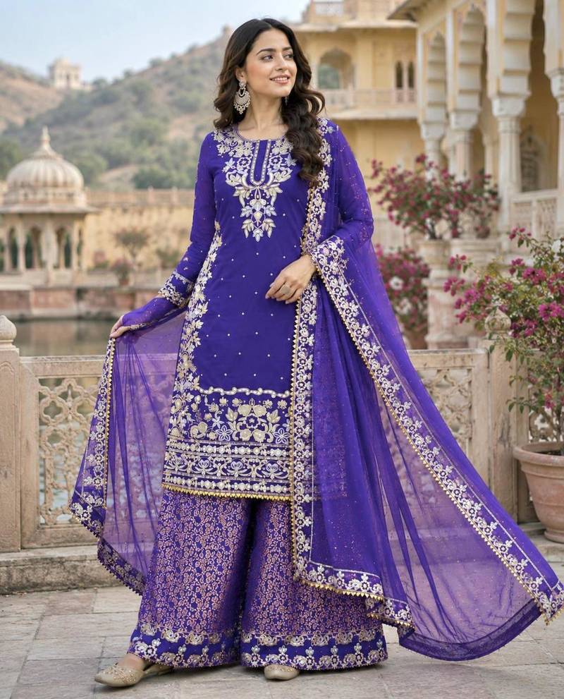 Royal-blue cotton poly sequins palazzo set