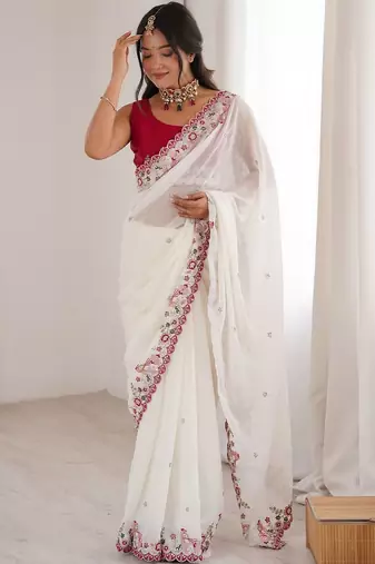 off white floral embroidered georgette heavy work saree