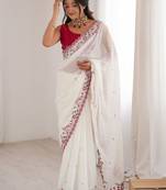 off white floral embroidered georgette heavy work saree
