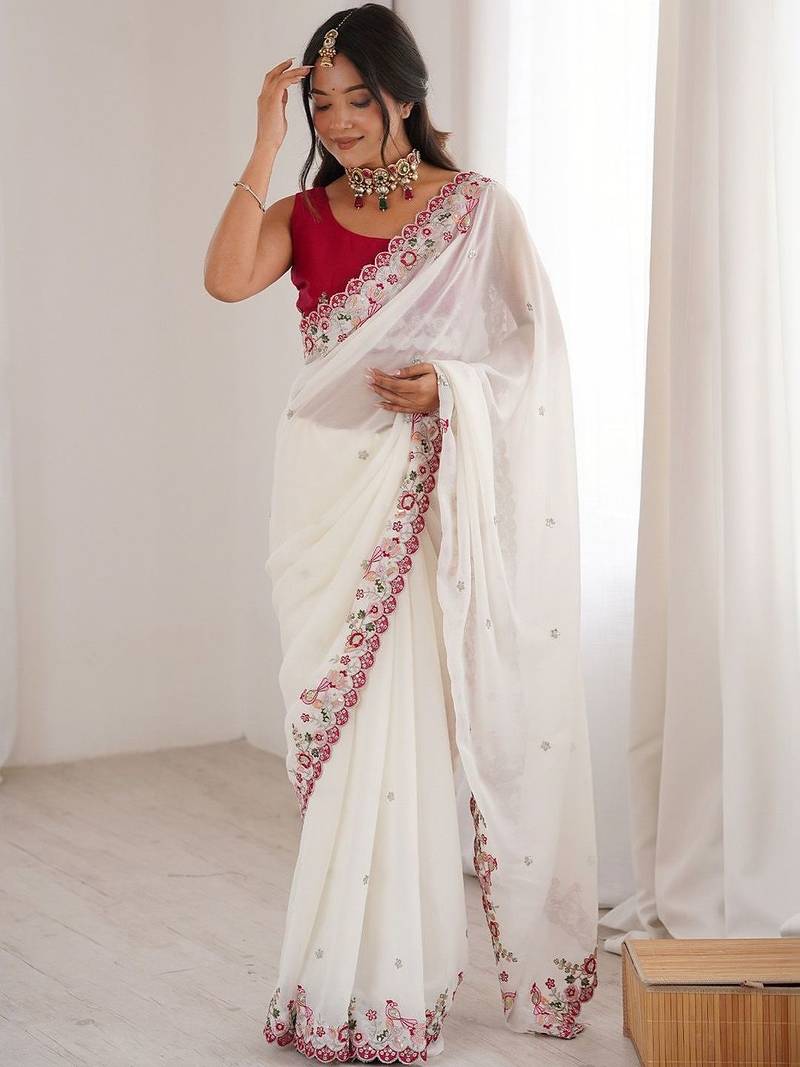 off white floral embroidered georgette heavy work saree