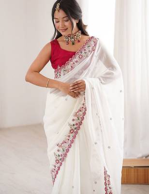 off white floral embroidered georgette heavy work saree 2
