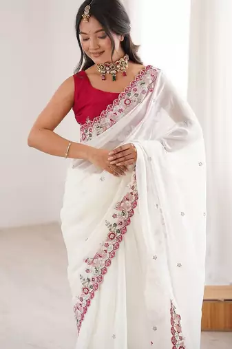 off white floral embroidered georgette heavy work saree