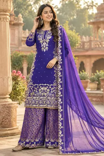 Royal-blue cotton poly sequins palazzo set