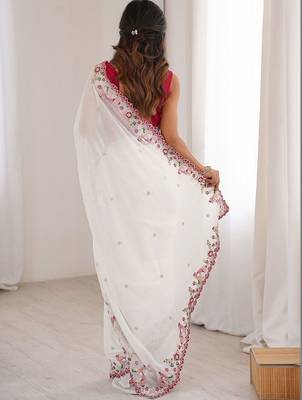 off white floral embroidered georgette heavy work saree 3