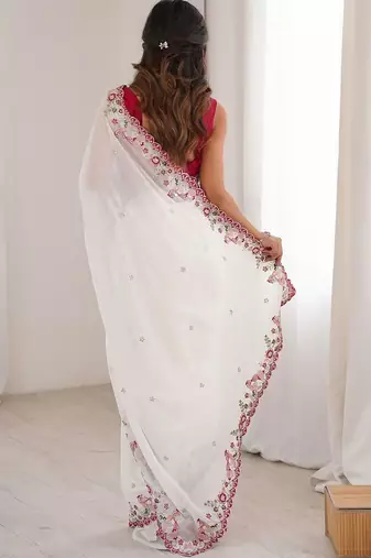 off white floral embroidered georgette heavy work saree