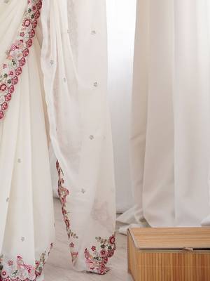 off white floral embroidered georgette heavy work saree 5