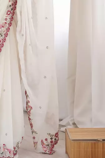 off white floral embroidered georgette heavy work saree