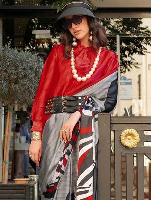 grey satin fusion saree 2