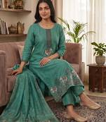 Teal muga cotton jamdani pichwai weaving salwar suit