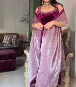 Dark-magenta velvet embroidered kurta set