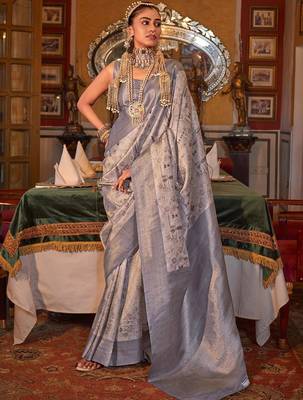 grey woven design zari kanjeevaram silk blend saree 1